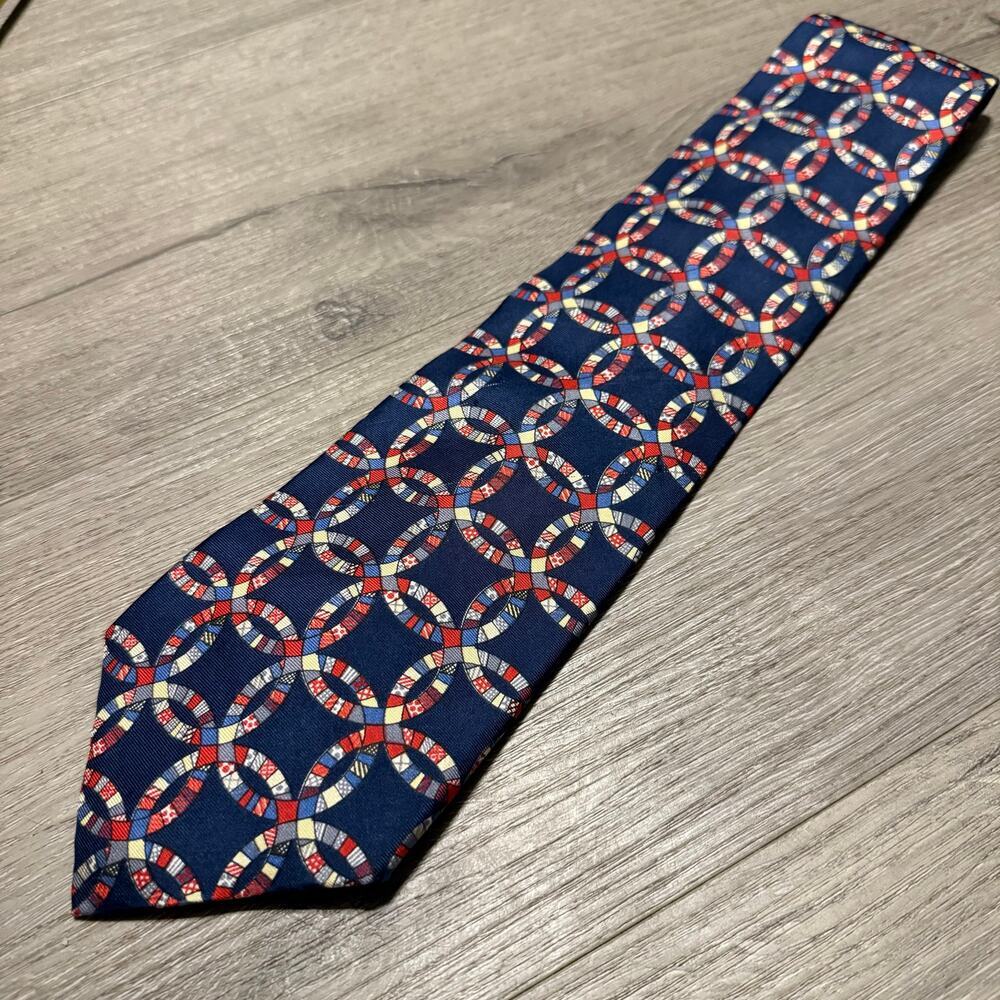Vintage Silk Tie Quilt Ring Pattern Red Blue Geometric 100% Silk USA